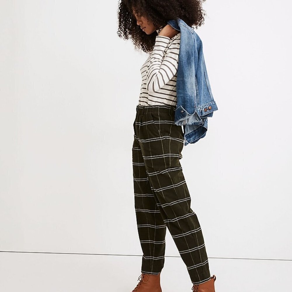 NWT Madewell Corduroy Pull On MidRise Pants in Windowpane Forest Green Cotton XS - Picture 2 of 7
